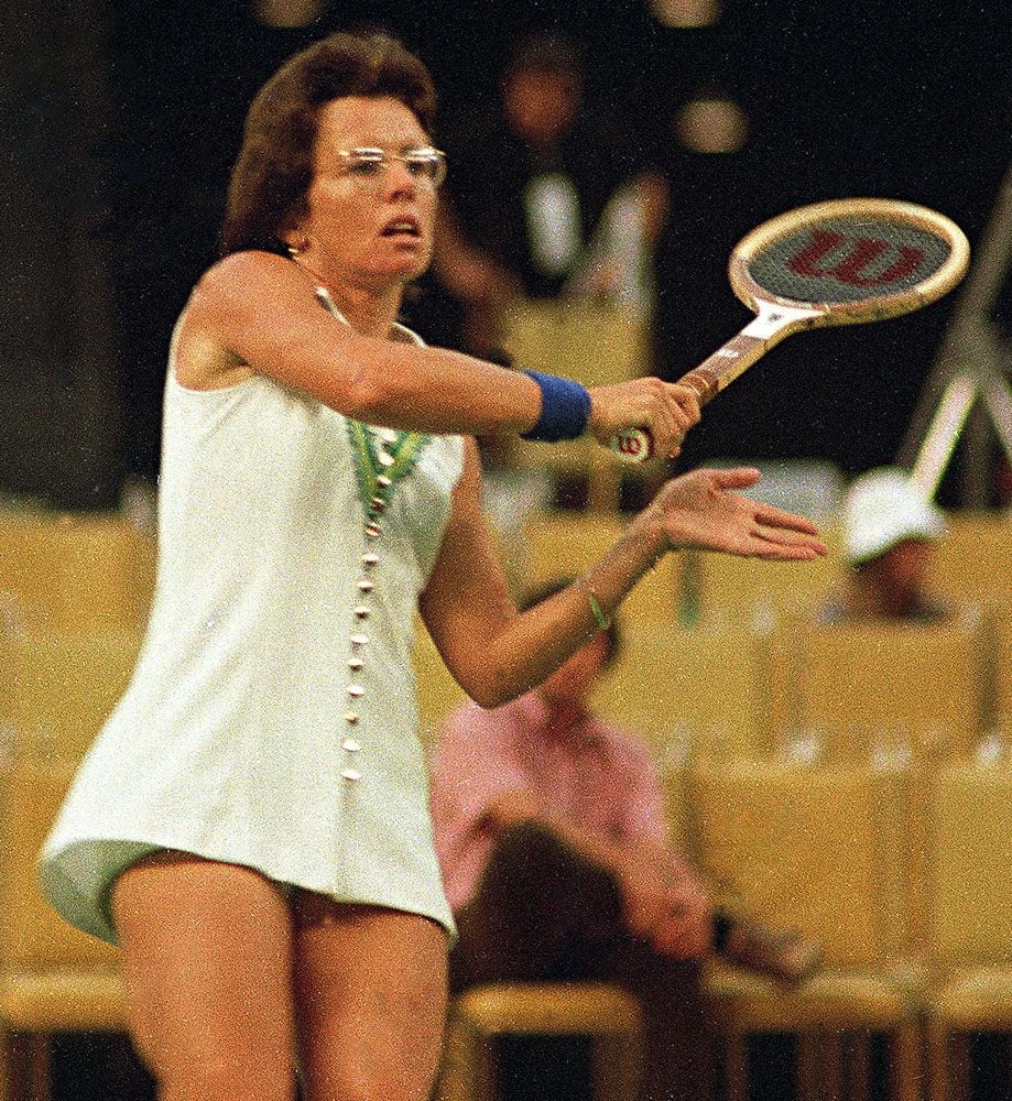 Billie Jean King playing in the Battle of the Sexes against Bobby Riggs 1973